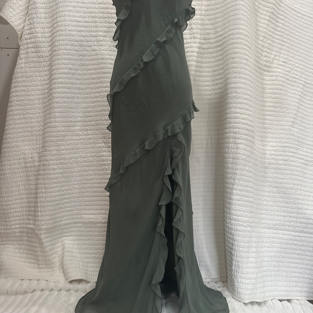 Birdy Grey Olive Green Chiffon Valentina Dress V Neck Maxi Bridesmaid MSRP $125 - Picture 3 of 5